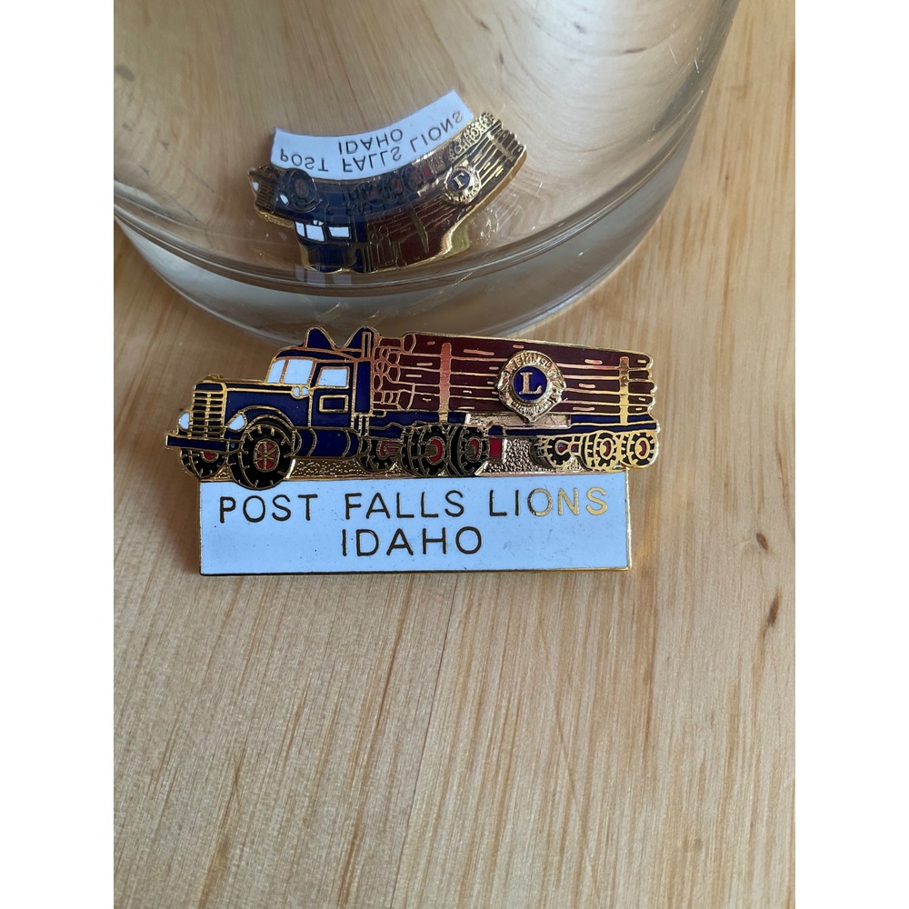 Vintage Post Falls Idaho Lions Club Logging Truck Enamel Lapel Pin Gold Tone